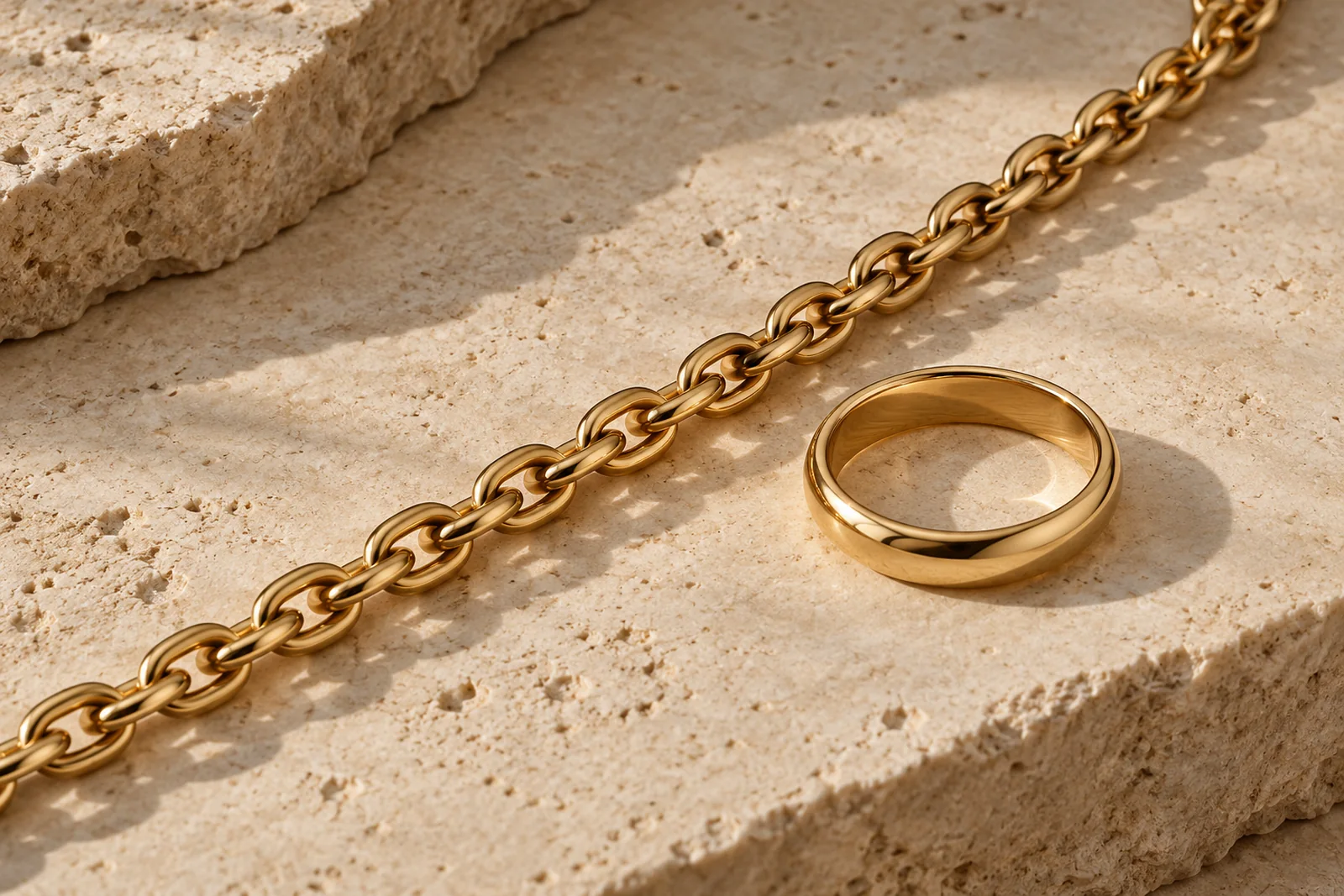 Illustrative gold chain and ring on limestone