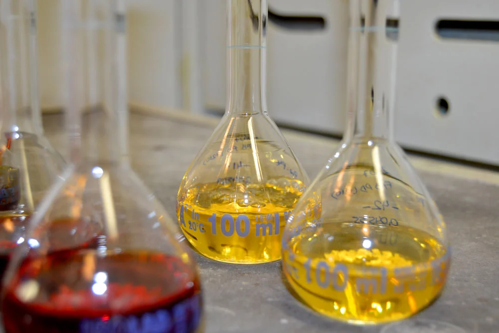 Prepared analytical solutions in laboratory flasks